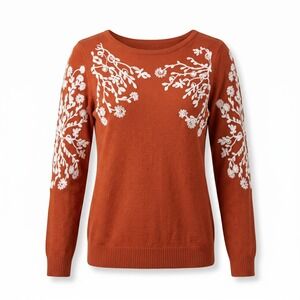 Rain‎ + Rose Sweater XS Womens Rust Orange Embroidered Floral Long Sleeve Crewnk